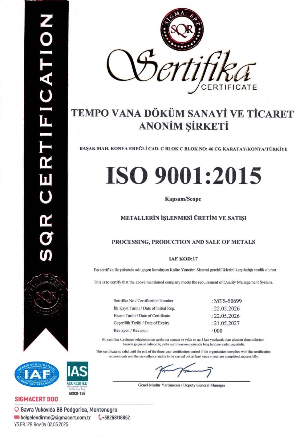 ISO 9001:2015 belgesi önizlemesi